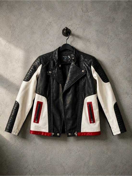 Other - Boys’ Black & White Contrast Faux Leather Moto Jacket with Red Accents.